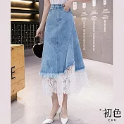 【初色】不規則蕾絲碎花拼接遮肉休閒高腰牛仔半身裙-藍色-68191(M-2XL可選) XL 藍色