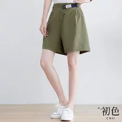 【初色】素色大碼寬鬆高腰休閒闊腿短褲-共5色-68187(M-2XL可選) L 軍綠色