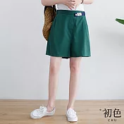 【初色】素色大碼寬鬆高腰休閒闊腿短褲-共5色-68187(M-2XL可選) L 墨綠色