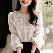 【初色】圓領刺繡燈籠袖素色襯衫上衣-共3色-67063(M-2XL可選) XL 白色