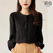 【初色】圓領刺繡燈籠袖素色襯衫上衣-共3色-67063(M-2XL可選) XL 黑色