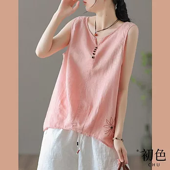【初色】夏季薄款復古寬鬆顯瘦吊帶無袖背心上衣-共4色-68257(M-2XL可選) XL 粉紅色