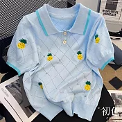 【初色】小鳳梨刺繡鏤空襯衫領短袖針織上衣-共2色-68244(F可選) F 藍色