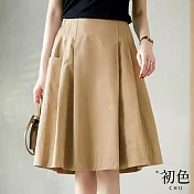 【初色】純色高腰鬆緊大擺A字半身裙-共3色-67646(M-XL可選) L 米黃