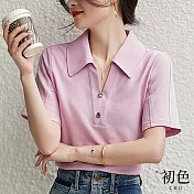 【初色】素色POLO領休閒寬鬆短袖T恤上衣-共2色-68291(M-2XL可選) M 紫粉色