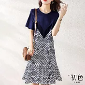 【初色】假兩件印花撞色雪紡短袖中長連衣裙洋裝-藍色-68201(M-XL可選) M 藍色