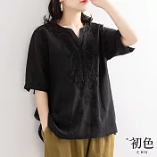 【初色】棉麻風短袖寬鬆V領刺繡襯衫上衣-共6色-67336(M-2XL可選) XL 黑色