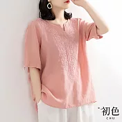 【初色】棉麻風短袖寬鬆V領刺繡襯衫上衣-共6色-67336(M-2XL可選) M 粉色