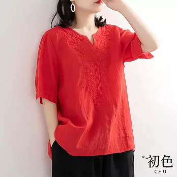 【初色】棉麻風短袖寬鬆V領刺繡襯衫上衣-共6色-67336(M-2XL可選) M 紅色