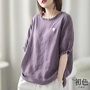【初色】棉麻風木耳領刺繡圓領上衣-紫色-67335(L/XL可選) L 紫色