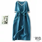 【初色】純色復古V領棉麻寬鬆短袖中長連衣裙連身洋裝-共2色-67364(M-2XL可選) M 藍色
