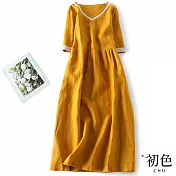 【初色】純色復古V領棉麻寬鬆短袖中長連衣裙連身洋裝-共2色-67364(M-2XL可選) XL 黃色
