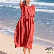 【初色】寬鬆圓領棉麻風口袋長款洋裝-共2色-67478(M-2XL可選) M 紅色