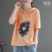 【初色】雛菊印花寬鬆棉麻短袖連帽T恤上衣-共4色-67363(L-2XL可選) XL 橘色
