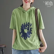 【初色】雛菊印花寬鬆棉麻短袖連帽T恤上衣-共4色-67363(L-2XL可選) XL 綠色