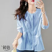 【初色】甜美風褶皺七分袖素色圓領寬鬆襯衫上衣-共2色-67303(M-2XL可選) M 藍色