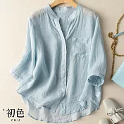【初色】純色寬鬆棉麻風七分袖襯衫上衣-共3色-67167(M-2XL可選) XL 淺藍