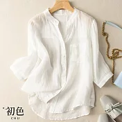 【初色】純色寬鬆棉麻風七分袖襯衫上衣-共3色-67167(M-2XL可選) XL 白色