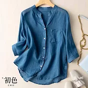 【初色】純色寬鬆棉麻風七分袖襯衫上衣-共3色-67167(M-2XL可選) XL 深藍