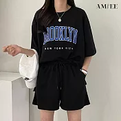 【AMIEE】字母球衣風休閒運動套裝(KDA-052) L 黑色