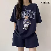 【AMIEE】USA球衣風休閒運動套裝(KDA-357) L 藏藍