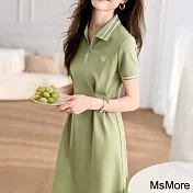 【MsMore】 綠色撞色polo領打褶刺繡肌理感收腰短袖休閒連身裙中長洋裝# 117468 2XL 綠色