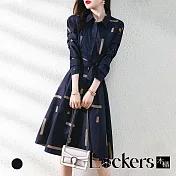 【Lockers 木櫃】夏季復古收腰長袖襯衫連衣裙 L112052906 M 藏藍色M