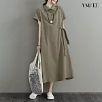 【AMIEE】日系氣質棉麻洋裝(KDDY-6137) L 軍綠