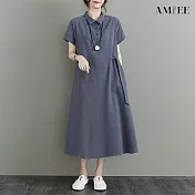 【AMIEE】日系氣質棉麻洋裝(KDDY-6137) 2XL 灰色
