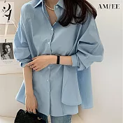 【AMIEE】優雅純色設計感襯衫(KDTY-5456) M 藍色