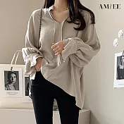 【AMIEE】高雅質感滑料落肩袖襯衫(KDTY-7189) XL 米灰