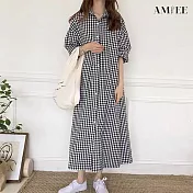 【AMIEE】文藝感蓬蓬袖格子洋裝(KDDY-3408) M 格子