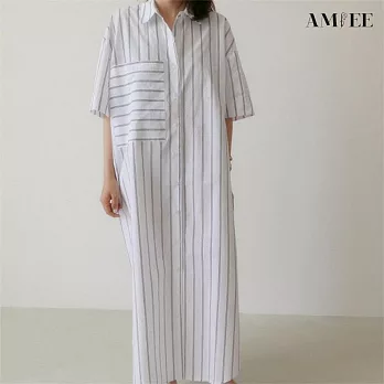 【AMIEE】寬鬆線條襯衫洋裝(KDDY-1436) S 白色