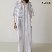 【AMIEE】寬鬆線條襯衫洋裝(KDDY-1436) L 白色