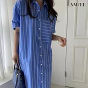 【AMIEE】寬鬆線條襯衫洋裝(KDDY-1436) M 藍色
