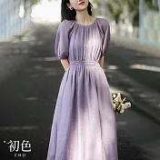 【初色】圓領後背鏤空蝴蝶結系帶棉麻風收腰短袖連身中長裙洋裝-紫色-68347(M-XL可選) L 紫色