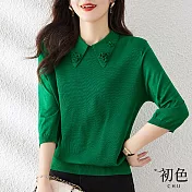 【初色】立體小花襯衫領素色針織衫上衣-共3色-67295(F可選) F 綠色