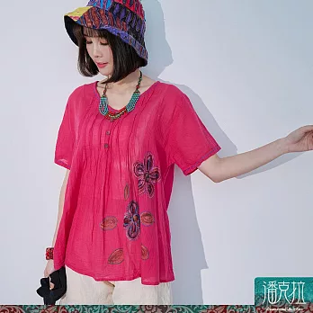【潘克拉】拔染工藝繡線捲皺純棉小衫 TM586  FREE 桃紅色