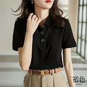 【初色】襯衫領金屬扣飾POLO衫造型T恤上衣-黑色-67386(M-2XL可選) M 黑色