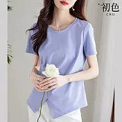 【初色】簡約素色短袖圓領修身T恤上衣-共4色-67473(M-2XL可選) XL 紫色