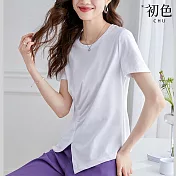 【初色】簡約素色短袖圓領修身T恤上衣-共4色-67473(M-2XL可選) XL 白色