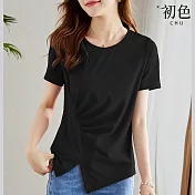 【初色】簡約素色短袖圓領修身T恤上衣-共4色-67473(M-2XL可選) XL 黑色