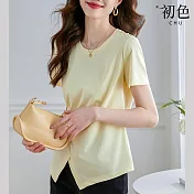 【初色】簡約素色短袖圓領修身T恤上衣-共4色-67473(M-2XL可選) XL 黃色