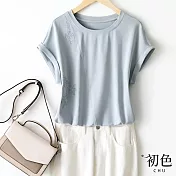 【初色】簡約素色刺繡寬鬆休閒短袖T恤上衣-藍色-68396(M-2XL可選) M 藍色