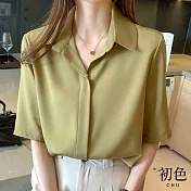 【初色】雪紡短袖純色拼接寬鬆襯衫上衣-共2色-67353(M-2XL可選) XL 綠色