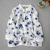 【初色】立領單排扣花朵印花九分袖襯衫上衣-共2色-67197(M-2XL可選) XL 藍色