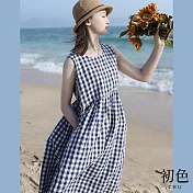 【初色】小清新高腰圓領連身背心洋裝-藍格紋-67200(M-2XL可選) XL 藍格紋