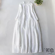 【初色】復古棉麻風簡約微立領盤扣連身洋裝-共2色-67204(M-2XL可選) M 白色