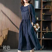 【初色】亞麻風蕾絲綁帶連身洋裝-共2色-67323(M-2XL可選) M 藏青色