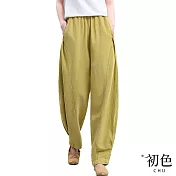 【初色】素色棉麻風大口袋寬鬆闊腿高腰褲-共4色-67207(M-2XL可選) M 黃色